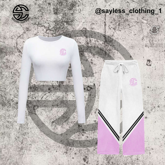 Women’s White & Lavender Two-Piece Set – Crop Top & Wide-Leg Joggers