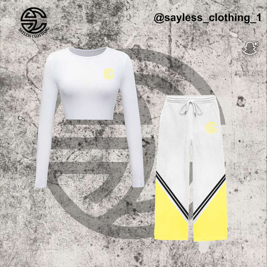 Women’s White & Yellow Two-Piece Set – Crop Top & Wide-Leg Joggers