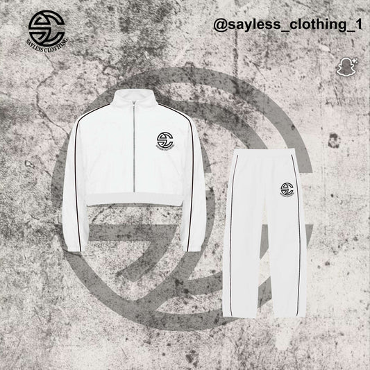 Women’s White Two-Piece Tracksuit – Zip Crop Jacket + Jogger Pants