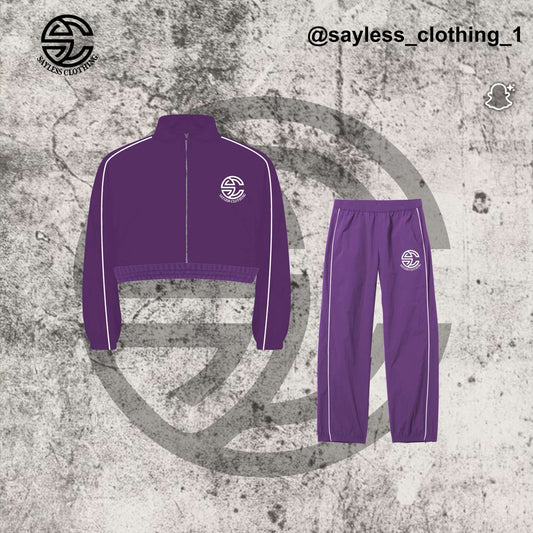 Women’s Purple Two-Piece Tracksuit – Zip Crop Jacket + Jogger Pants