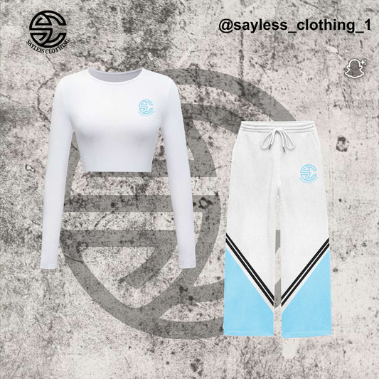 Women’s White & Blue Two-Piece Set – Long Sleeve Crop Top + Jogger Pants
